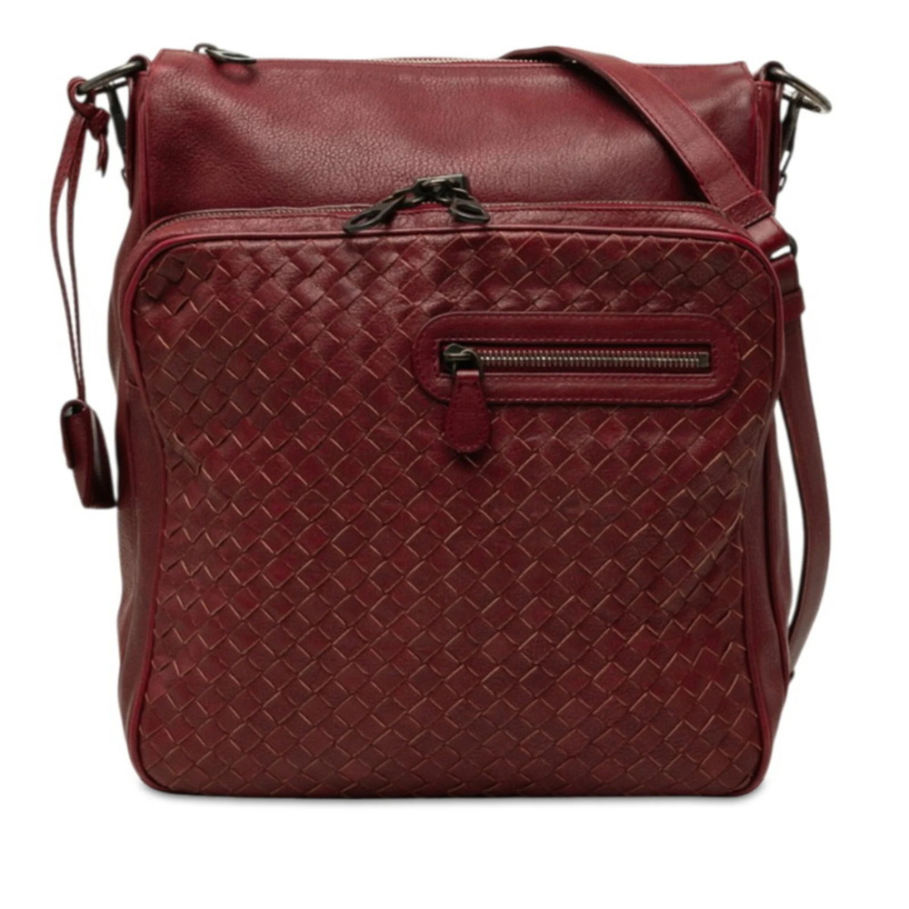 Bottega Veneta Intrecciato Crossbody Shoulder Bag 189225 Wine Red Leather Wom...